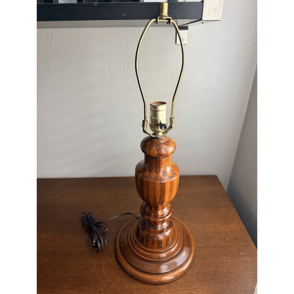 Vintage Turned Wood Brass Parquetry Table Lamp 20” total hight Mid Century